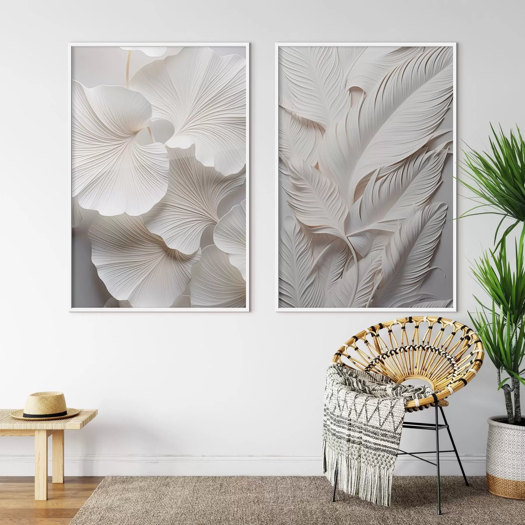 Fototapete Weiße Ginkgoblätter und lange Blätter mit filigranen Details, die einen strukturierten und vielschichtigen Effekt erzeugen, minimalistische Kunst d01013