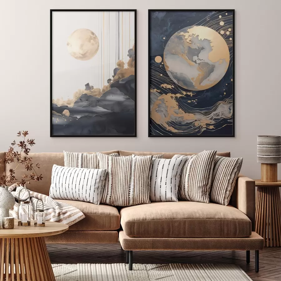 Fototapete Strukturierter dekorativer Planet im Weltraum mit gelben Linien und Punkten, abstrakter Stil, minimalistisch und modern d01014