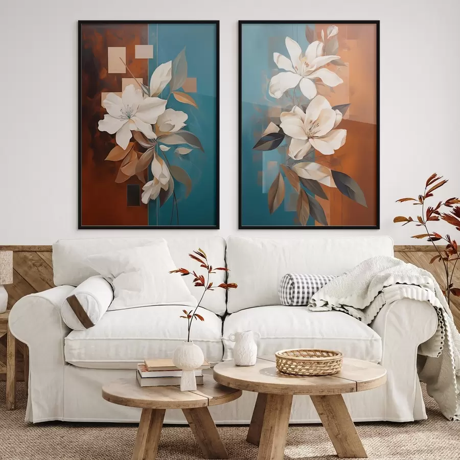 Fototapete Abstrakte weiße Blumen und Blätter vor einem Hintergrund aus Braun und Blau mit abstrakten Formen, in minimalistischem Stil d01015