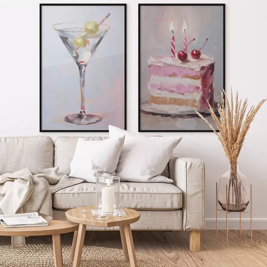 Fototapete Ein Glas mit einem Getränk und einem Stück Kuchen – Imitationsgemälde d01019