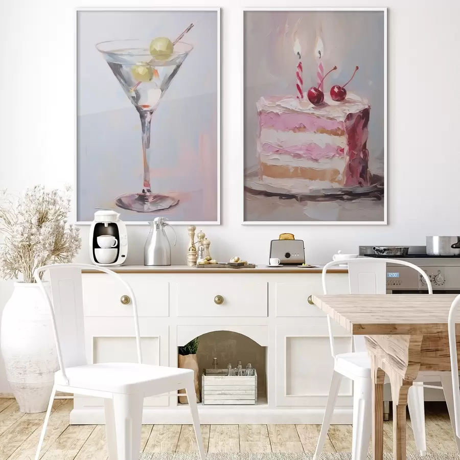 Fototapete Ein Glas mit einem Getränk und einem Stück Kuchen – Imitationsgemälde d01019