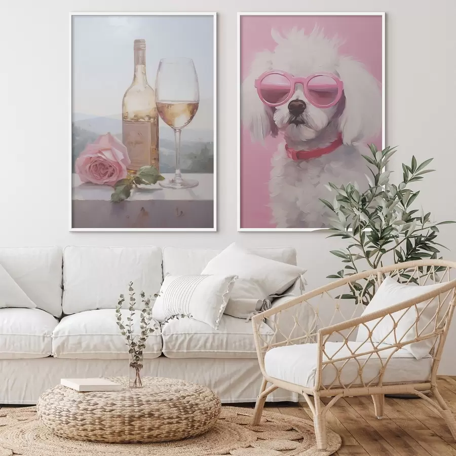 Fototapete Eine Flasche und ein Glas Wein und ein Pudel mit Brille, Gemäldeimitation d01021
