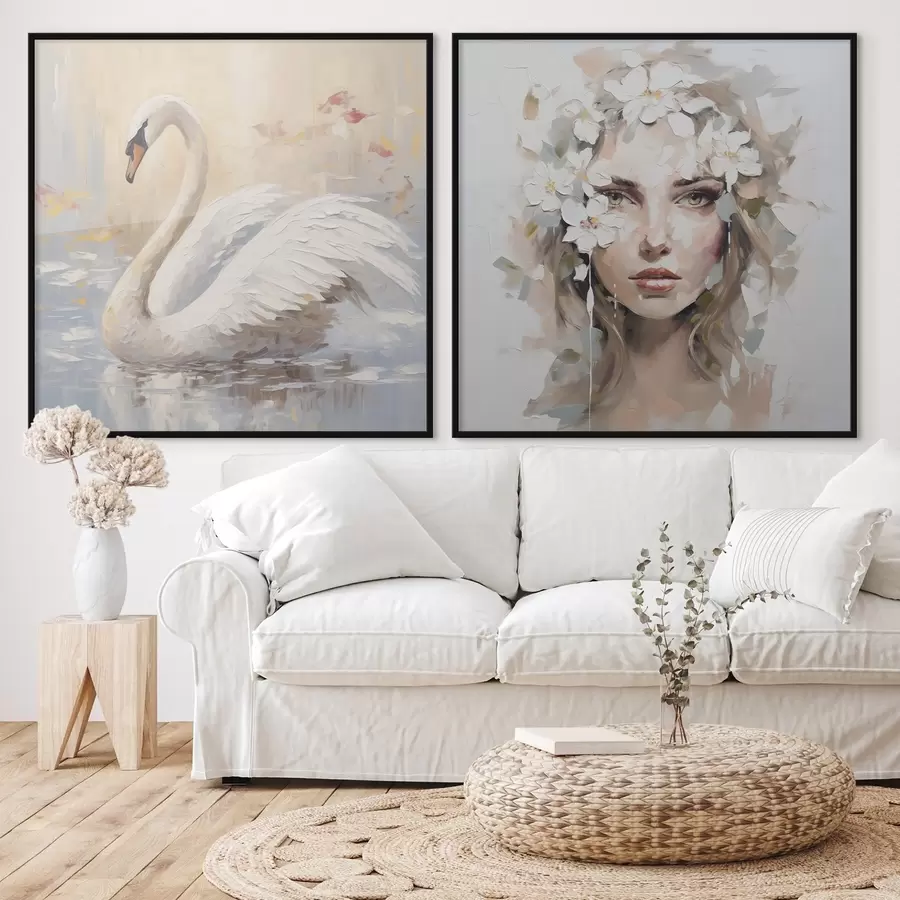 Fototapete Schwan und Porträt eines Mädchens, Gemäldeimitation d01030