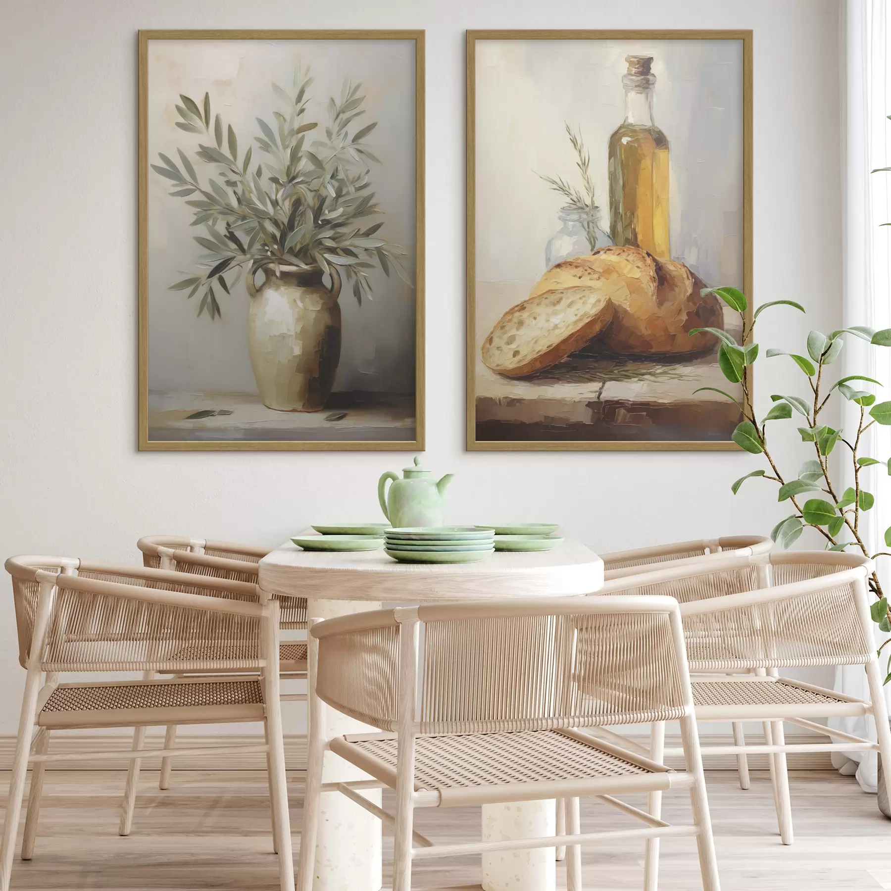 Fototapete Olivenzweige in einer Vase, Brot und eine Flasche Öl, Gemäldeimitation d01035
