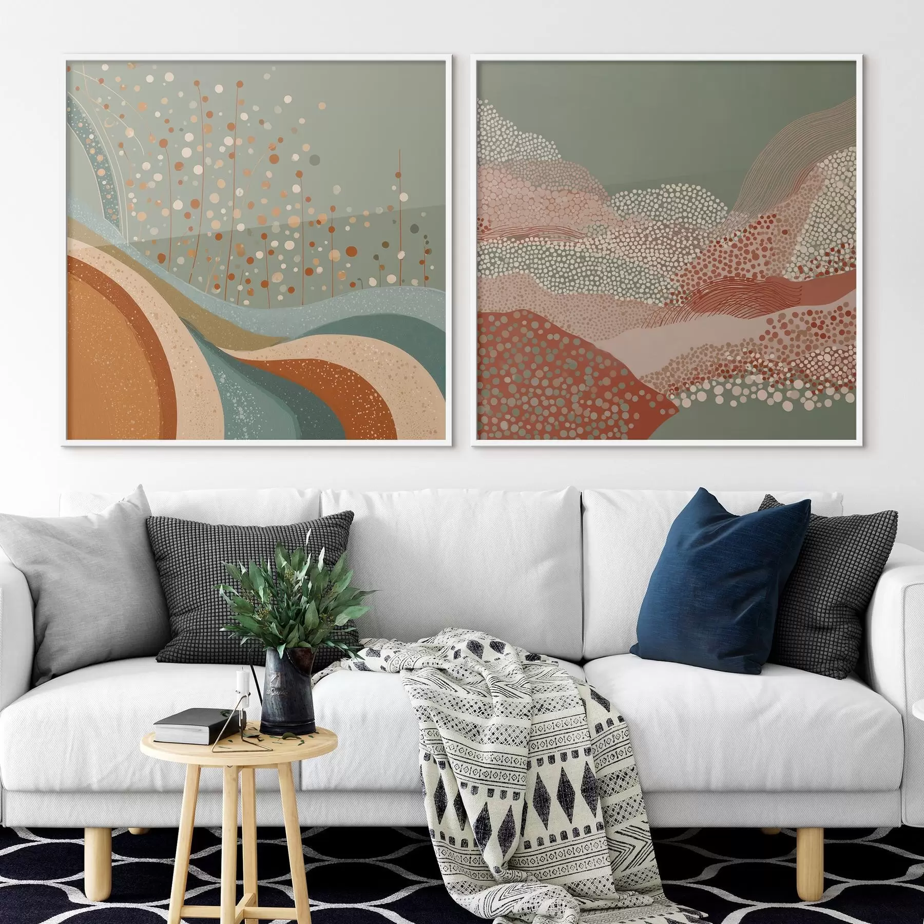 Fototapete Zweiteilige abstrakte Landschaft mit gepunkteten und wellenförmigen Elementen d00987