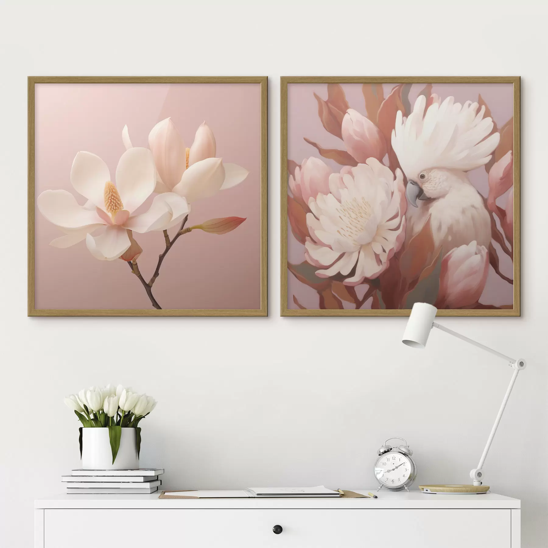 Fototapete Blumenarrangement mit einem Vogel in künstlerischem Illustrationsstil d00994