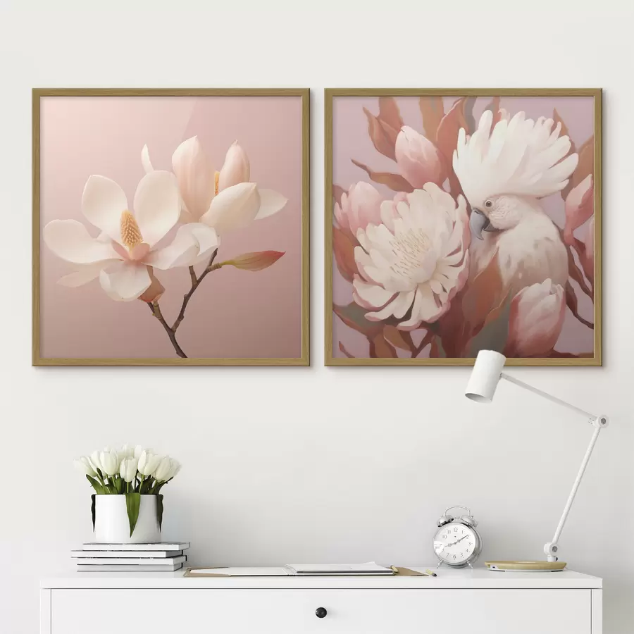 Fototapete Blumenarrangement mit einem Vogel in künstlerischem Illustrationsstil d00994
