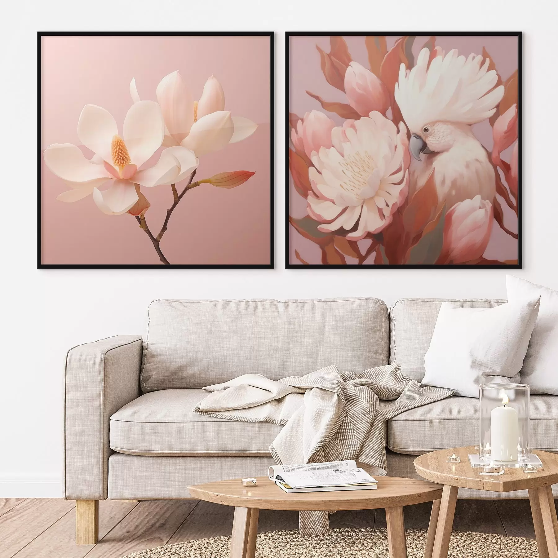 Fototapete Blumenarrangement mit einem Vogel in künstlerischem Illustrationsstil d00994