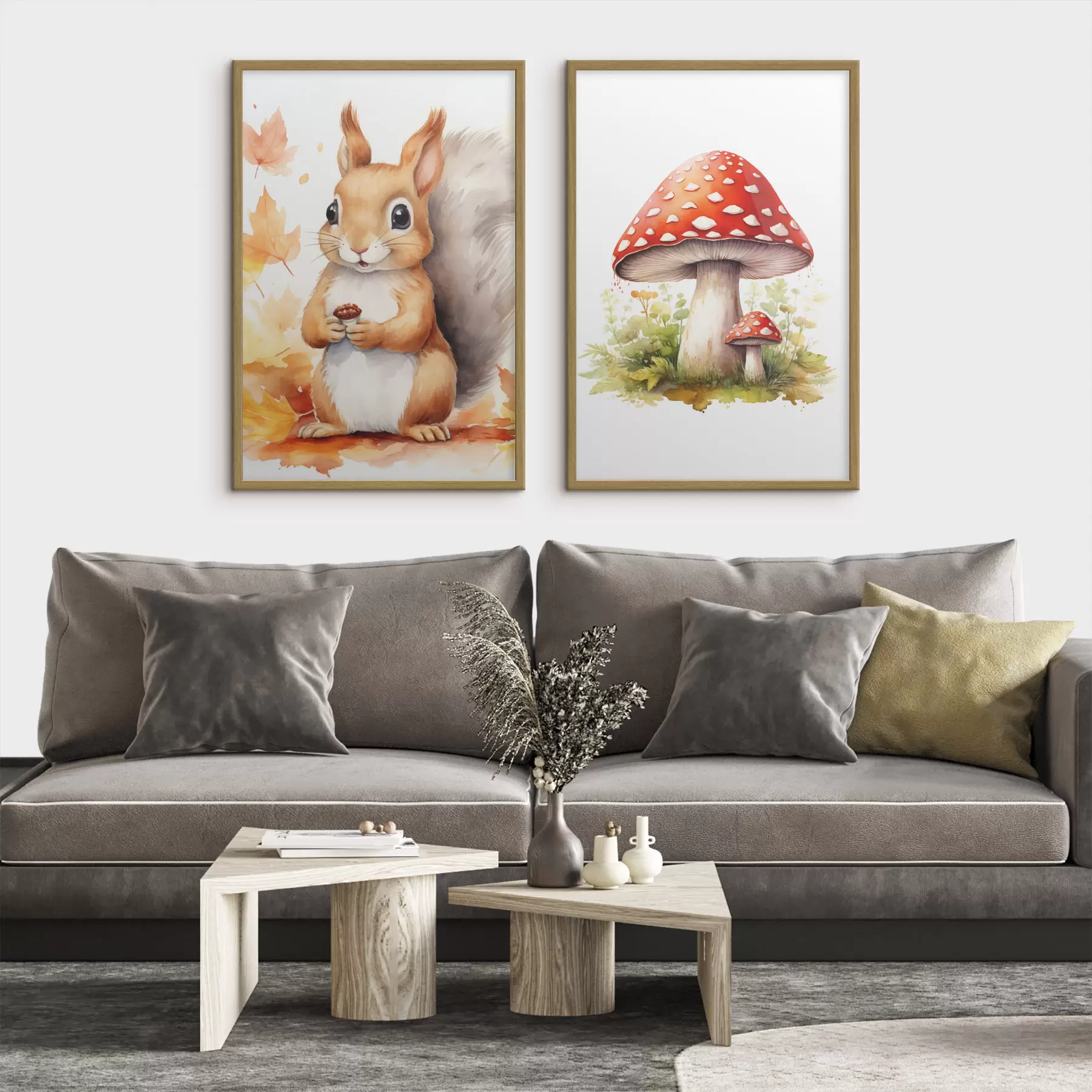 Fototapete Eichhörnchen und Waldpilz, Fliegenpilz, Aquarellimitation d01049