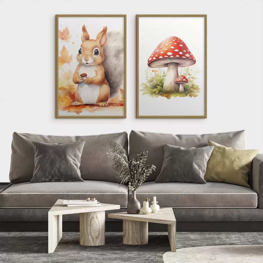 Fototapete Eichhörnchen und Waldpilz, Fliegenpilz, Aquarellimitation d01049