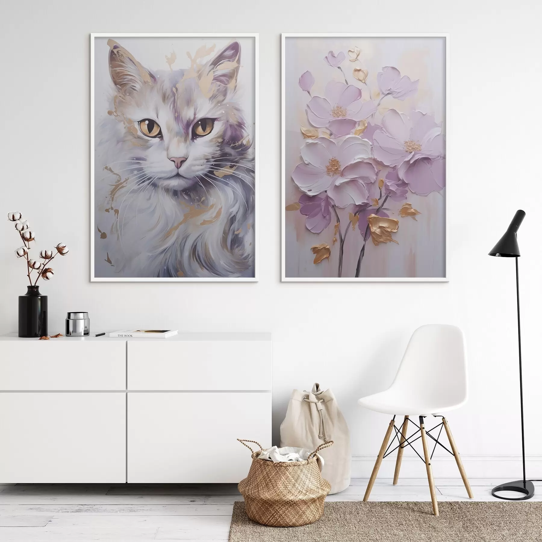 Fototapete Abstrakte Blumen und eine Katze d01056