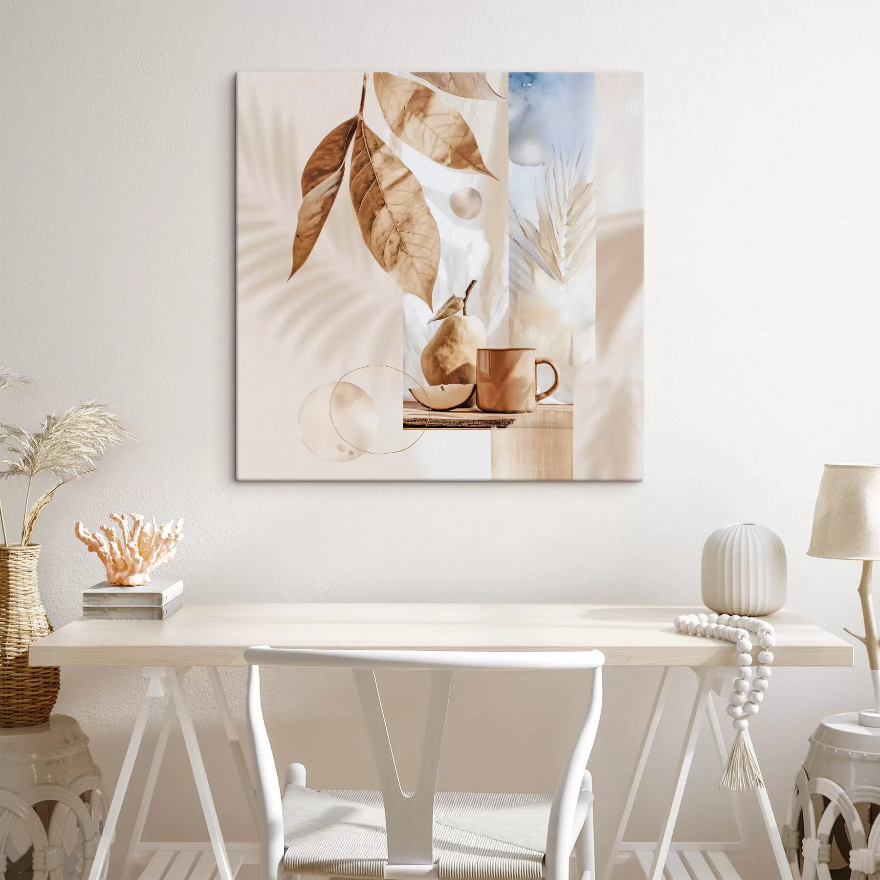 Fototapete Abstrakt mit Blättern, Birne und Tasse s47047