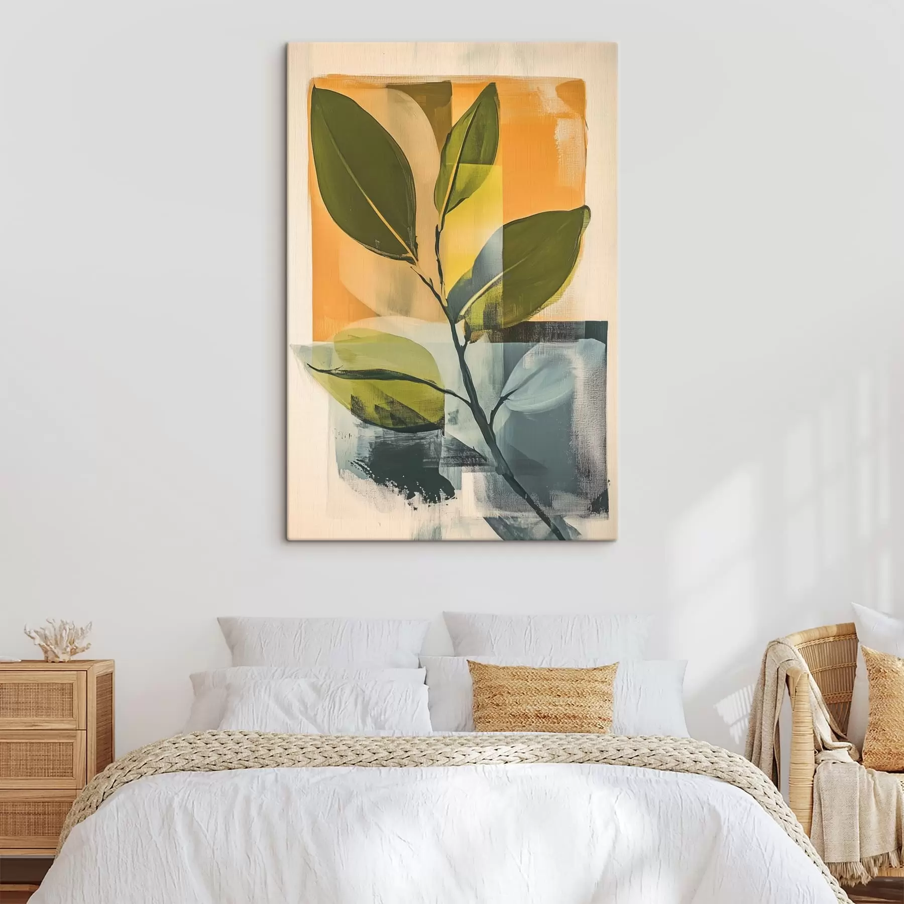 Fototapete Ein Zweig mit Blättern vor einem abstrakten Hintergrund s47250