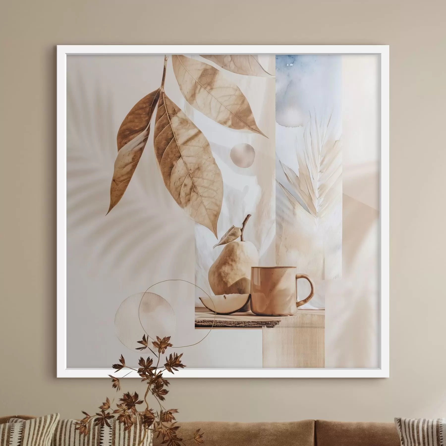 Fototapete Abstrakt mit Blättern, Birne und Tasse f47047