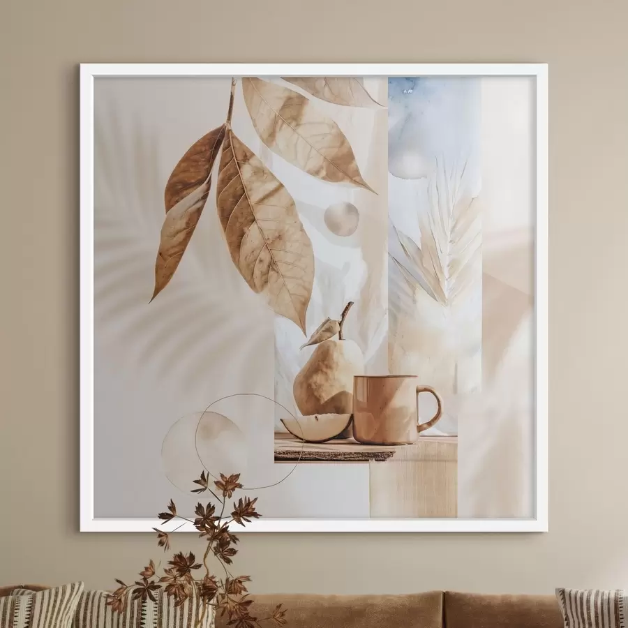 Fototapete Abstrakt mit Blättern, Birne und Tasse f47047