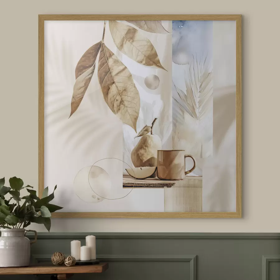 Fototapete Abstrakt mit Blättern, Birne und Tasse f47047