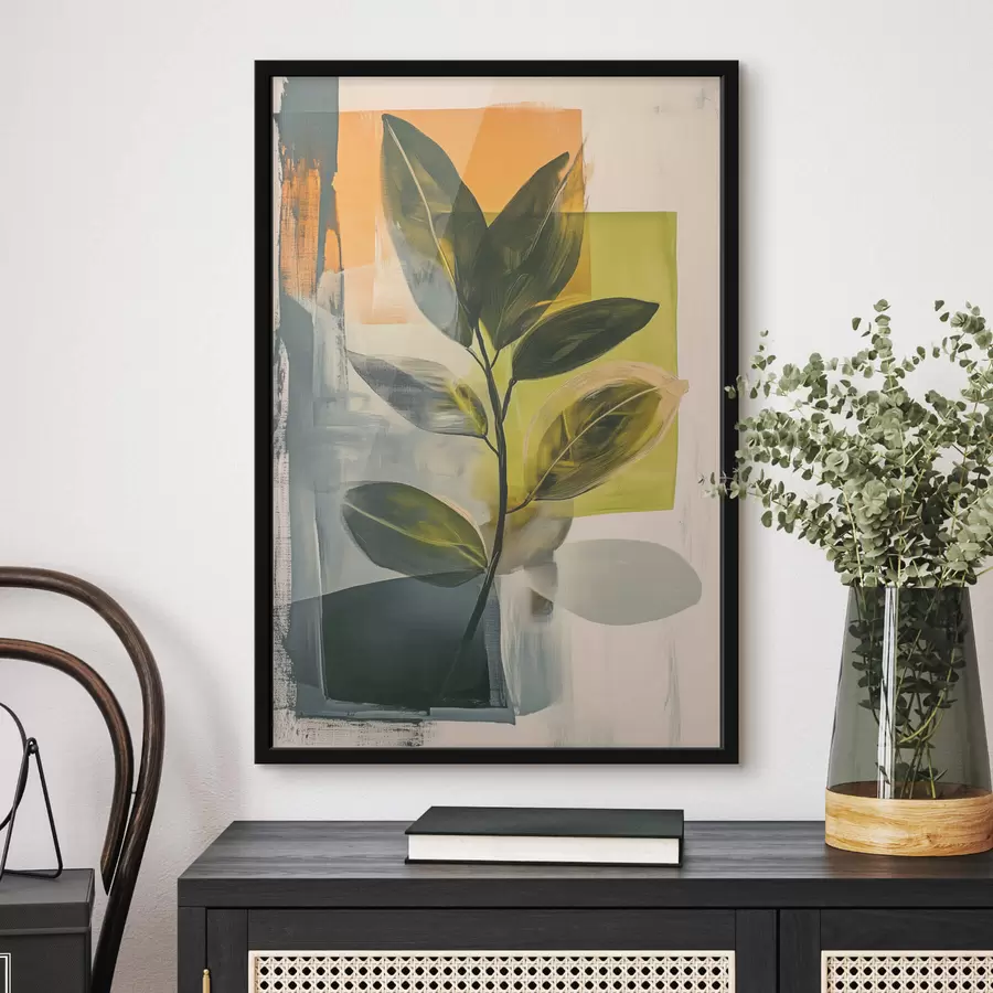 Fototapete Ein Zweig mit Blättern vor einem abstrakten Hintergrund f47249