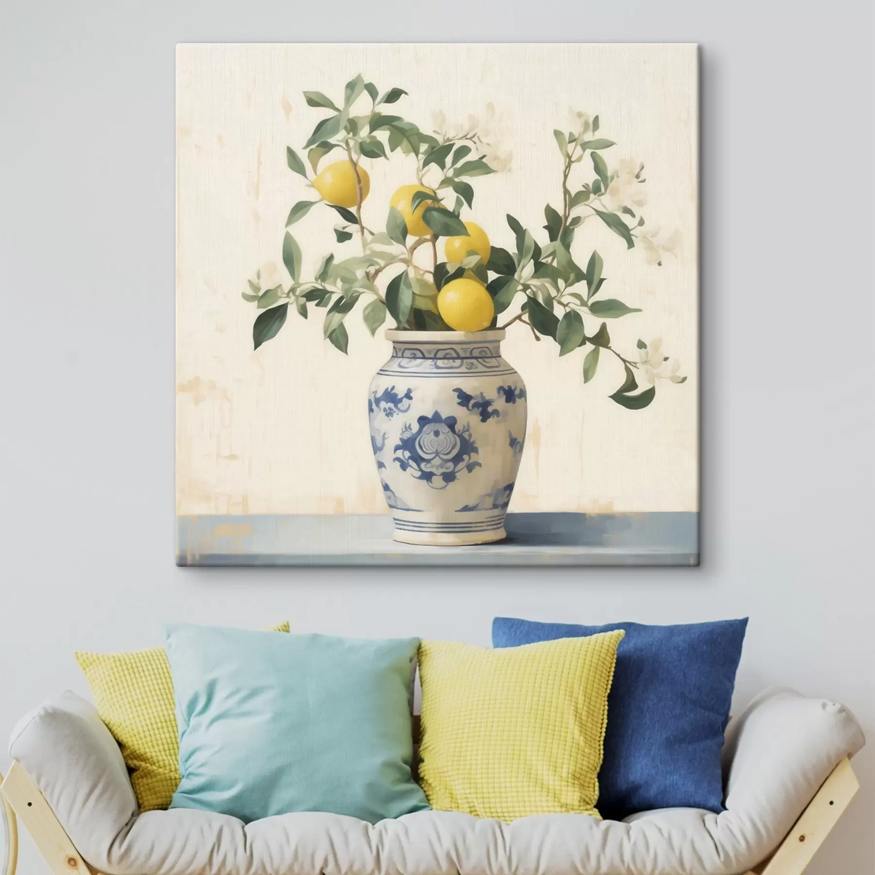 Fototapete Zitronen in einer blau-weißen Keramikvase im Stil eines Ölgemäldes s46924