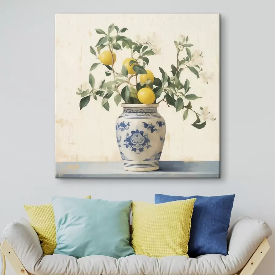 Fototapete Zitronen in einer blau-weißen Keramikvase im Stil eines Ölgemäldes s46924