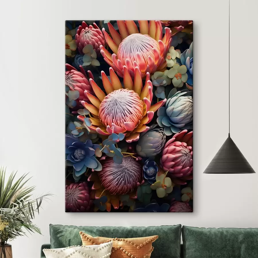 Fototapete Komposition aus Proteas, Eukalyptus und Sukkulenten in einem fotorealistischen digitalen Kunststil s46925