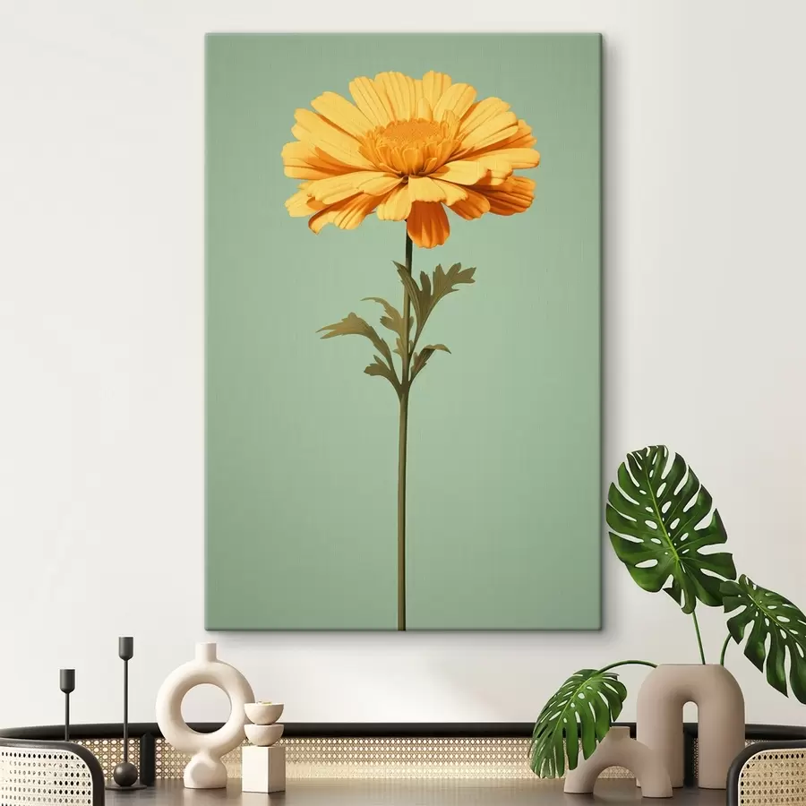 Fototapete Gelbe Ringelblume auf mintfarbenem Hintergrund im minimalistischen Stil s46926