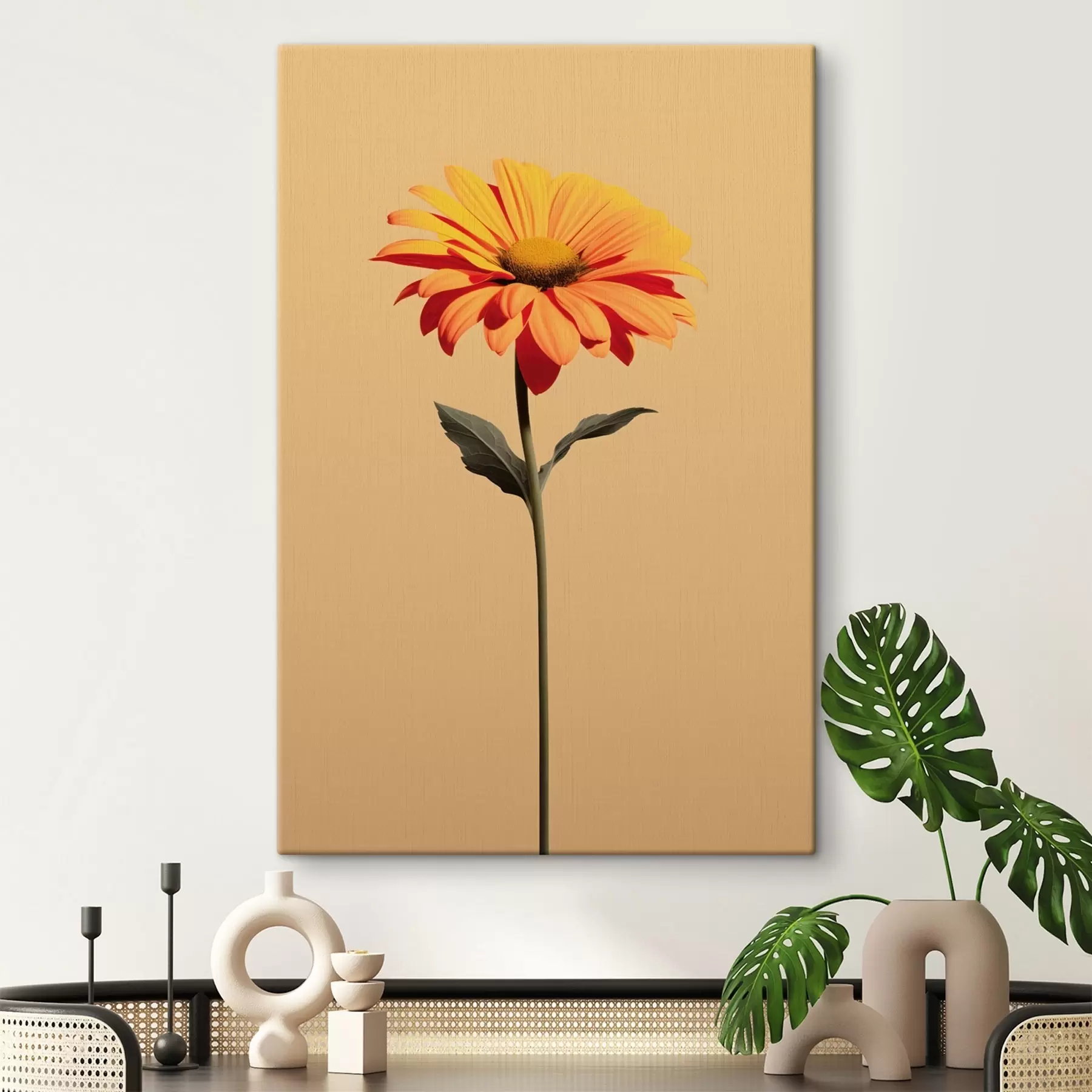 Fototapete Gerbera-Blume auf einfarbigem Hintergrund mit sanftem Licht in minimalistischem Stil s46928