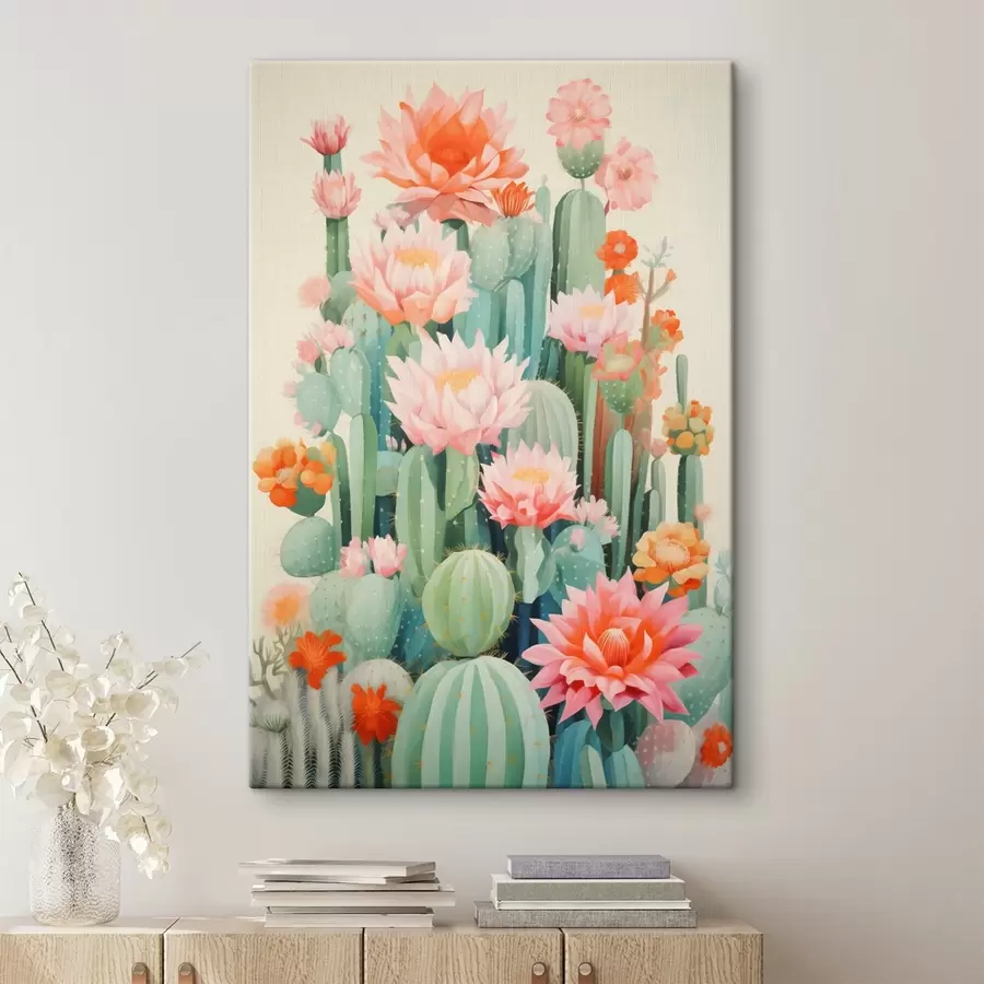 Fototapete Blühende Kakteen mit rosa und orangefarbenen Blüten im Illustrationsstil s46934