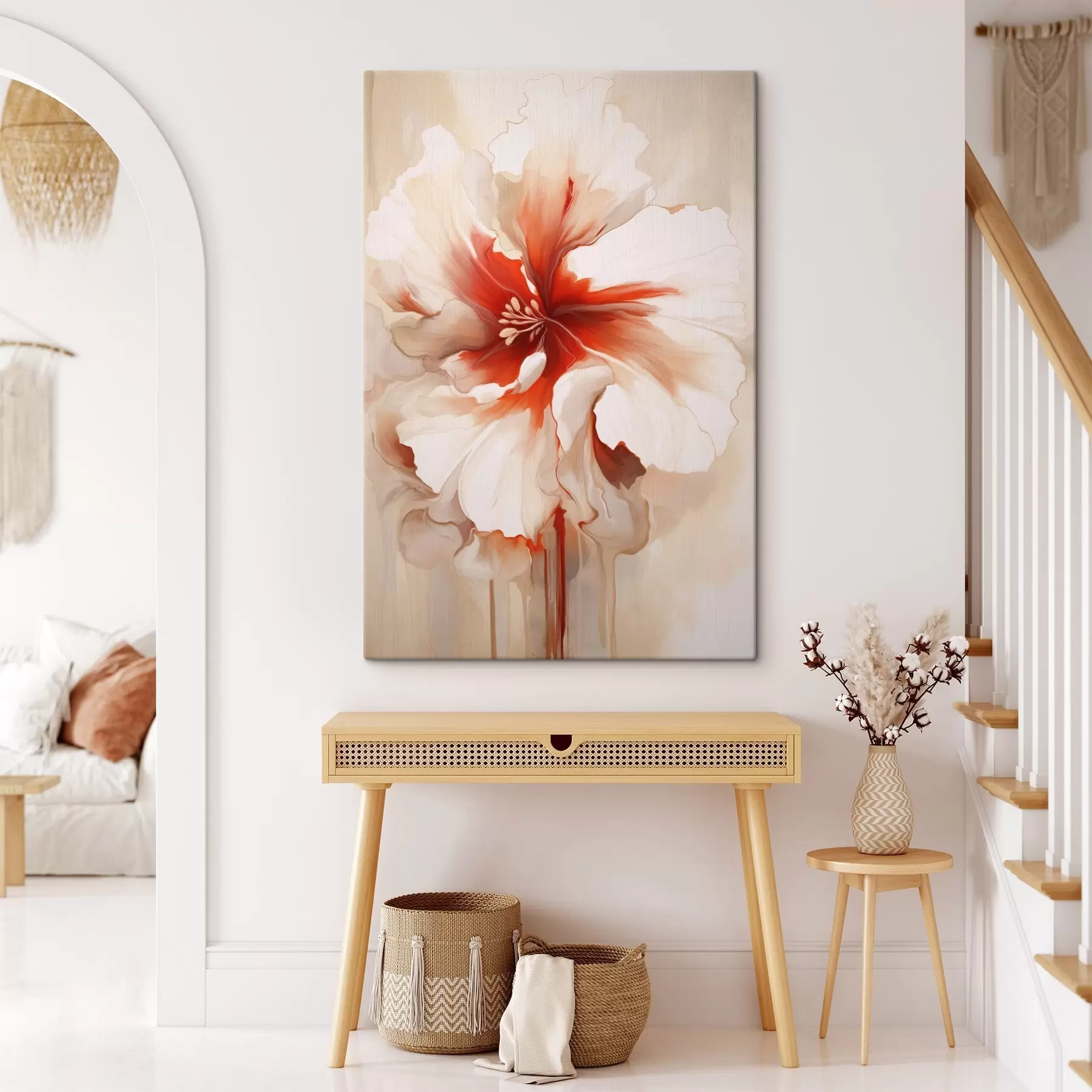 Fototapete Nahaufnahme einer weiß-roten Blume mit halbtransparenten Blütenblättern und fließenden Farbtropfen s46941