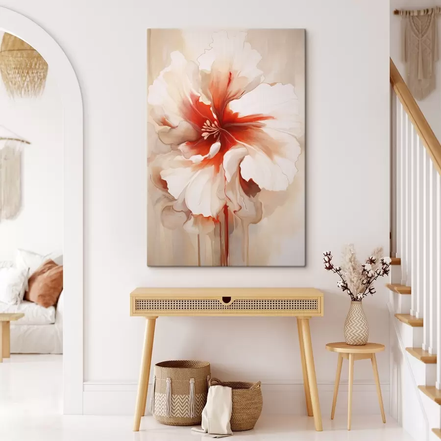 Fototapete Nahaufnahme einer weiß-roten Blume mit halbtransparenten Blütenblättern und fließenden Farbtropfen s46941