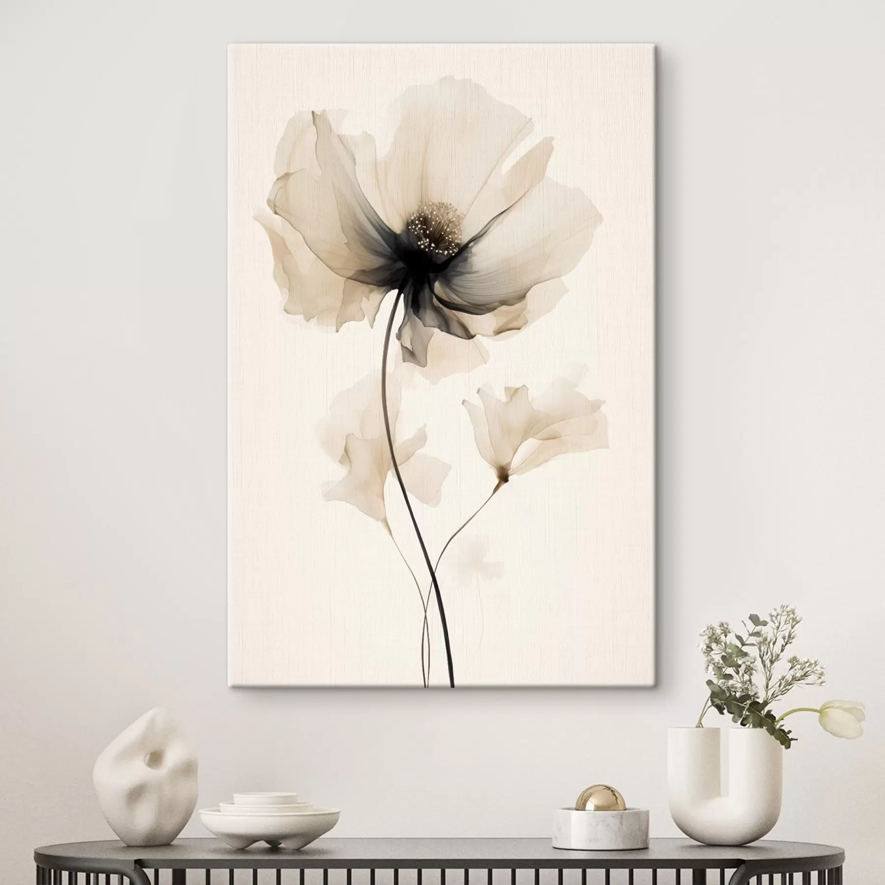 Fototapete Zarte, halbtransparente Blume mit dunkler Mitte im minimalistischen Stil s46944