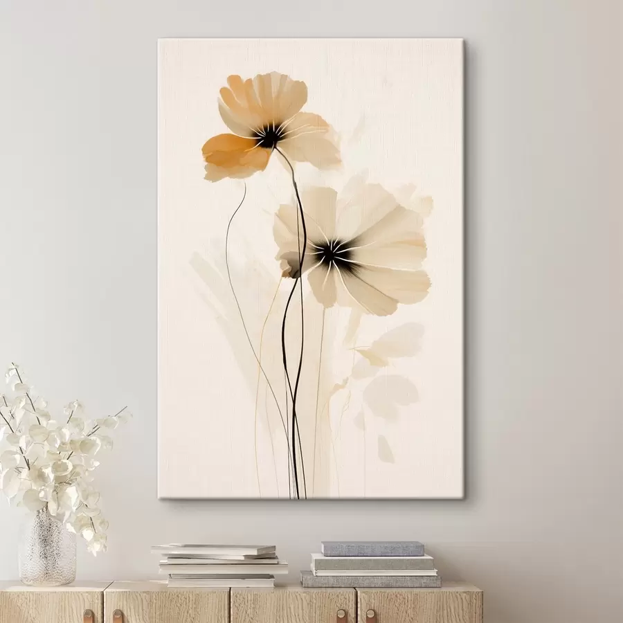 Fototapete Blumen in einer beige-pfirsichfarbenen Palette mit dunklen Zentren in minimalistischem Stil s46945