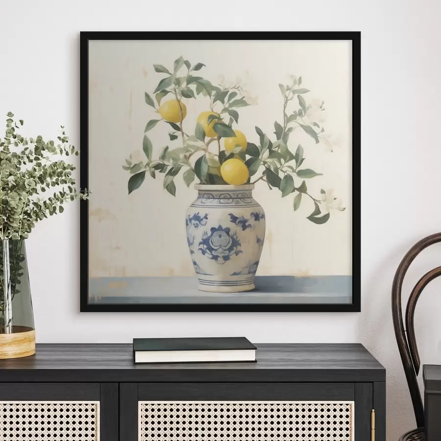 Fototapete Zitronen in einer blau-weißen Keramikvase im Stil eines Ölgemäldes f46924