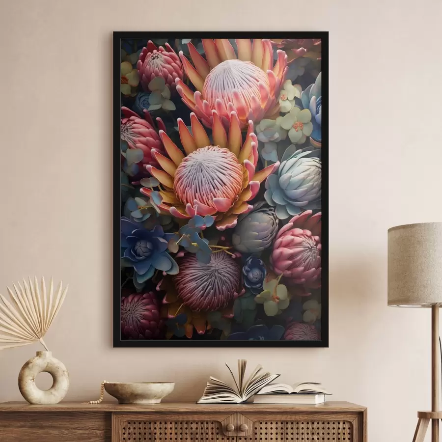Fototapete Komposition aus Proteas, Eukalyptus und Sukkulenten in einem fotorealistischen digitalen Kunststil f46925