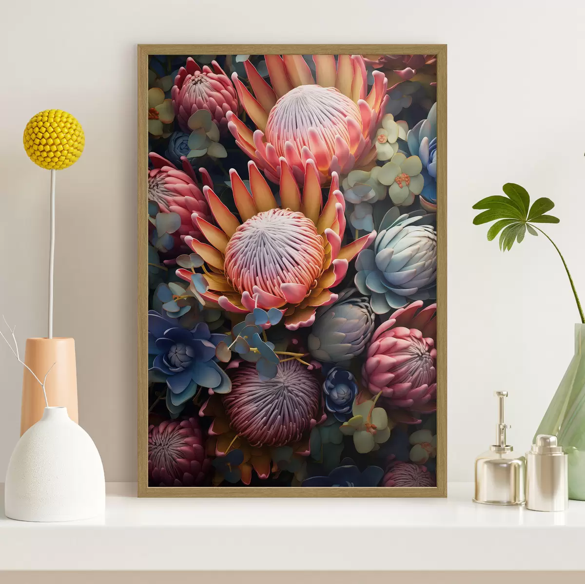 Poster Komposition aus Proteas, Eukalyptus und Sukkulenten in einem fotorealistischen digitalen Kunststil f46925