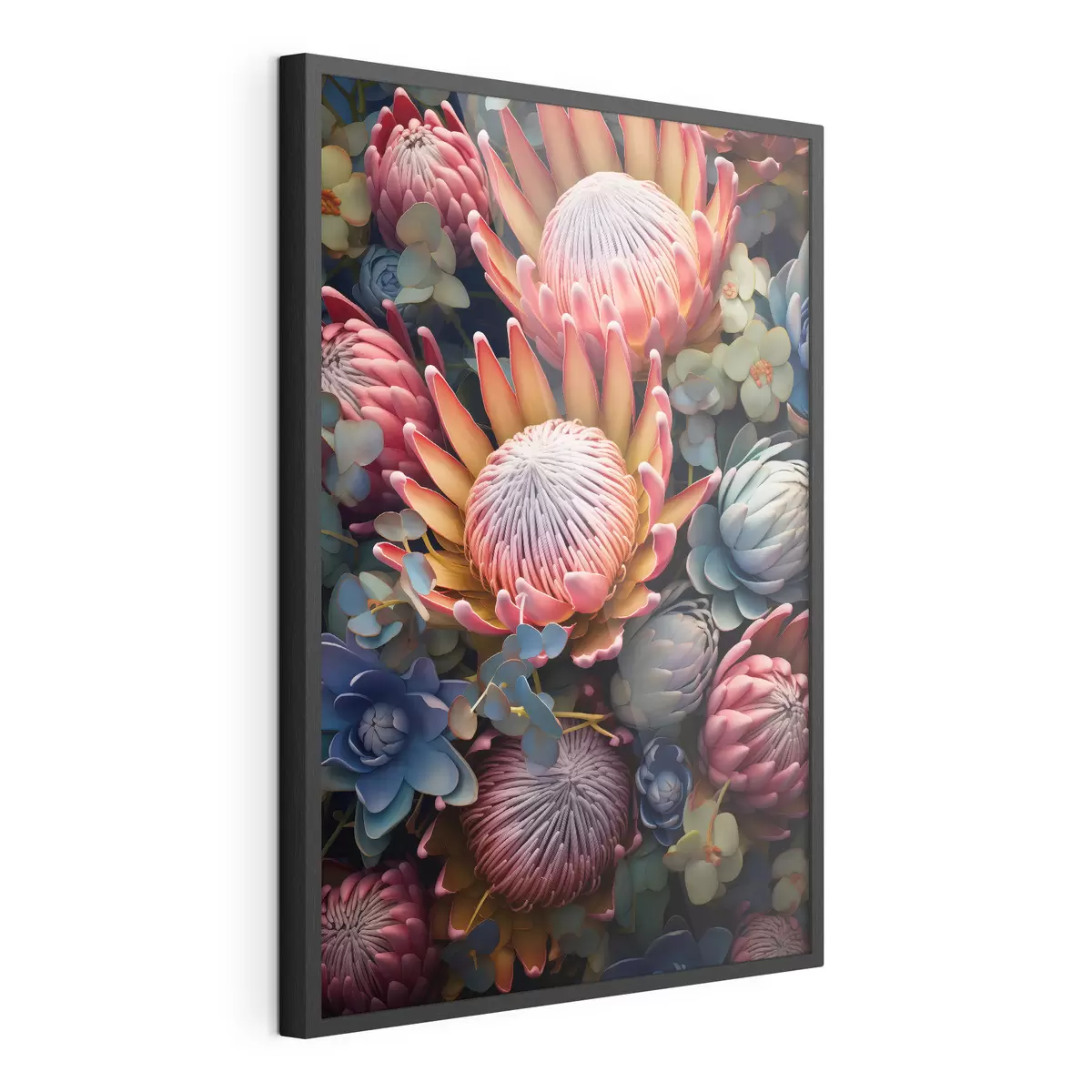 Poster Komposition aus Proteas, Eukalyptus und Sukkulenten in einem fotorealistischen digitalen Kunststil f46925