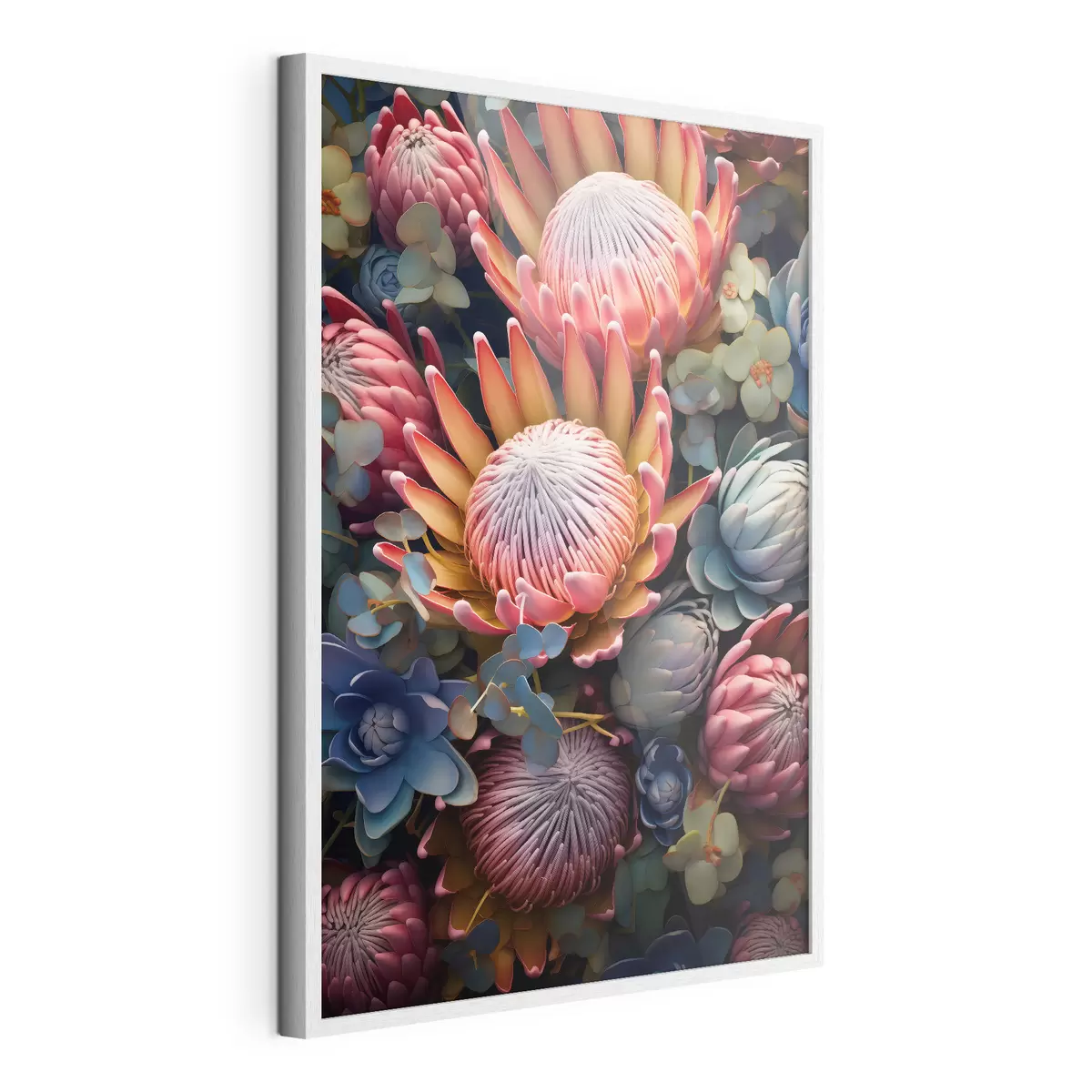 Poster Komposition aus Proteas, Eukalyptus und Sukkulenten in einem fotorealistischen digitalen Kunststil f46925
