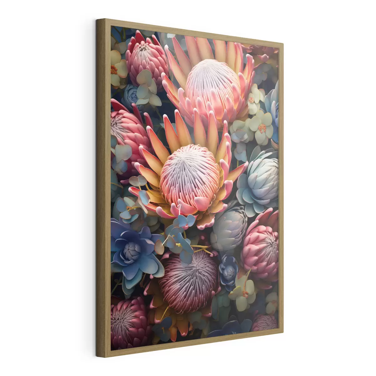 Poster Komposition aus Proteas, Eukalyptus und Sukkulenten in einem fotorealistischen digitalen Kunststil f46925