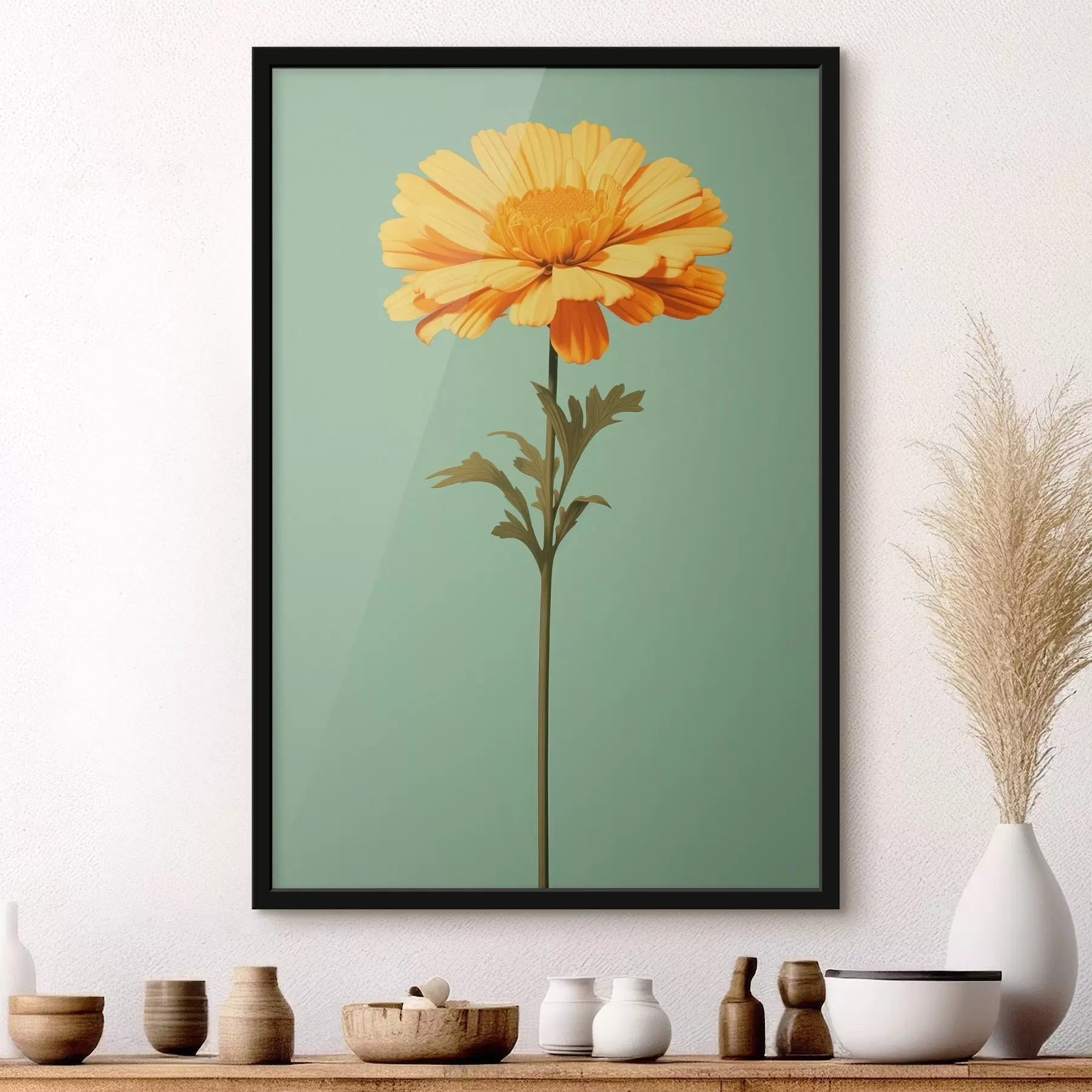Fototapete Gelbe Ringelblume auf mintfarbenem Hintergrund im minimalistischen Stil f46926