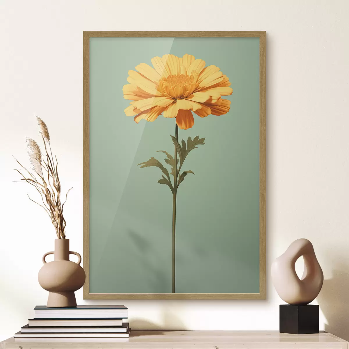 Poster Gelbe Ringelblume auf mintfarbenem Hintergrund im minimalistischen Stil f46926