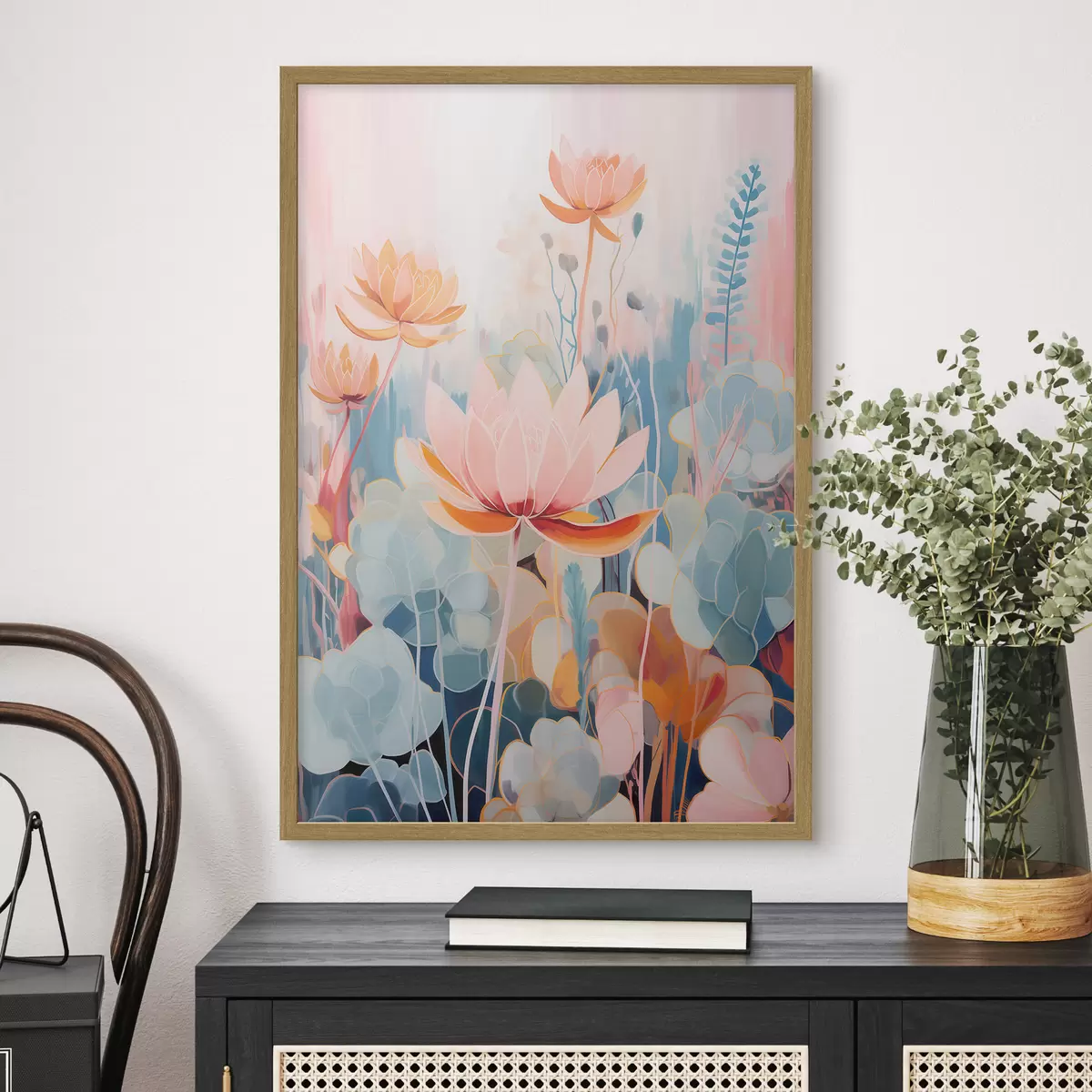 Poster Lotusblumen und dekoratives Laub in einer rosa-blauen Farbpalette f46929