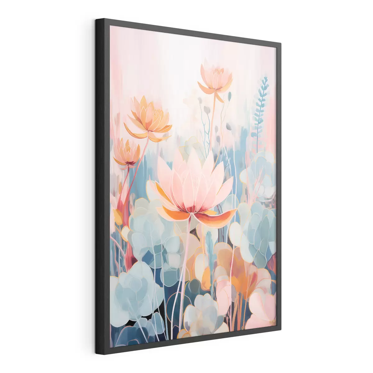 Poster Lotusblumen und dekoratives Laub in einer rosa-blauen Farbpalette f46929