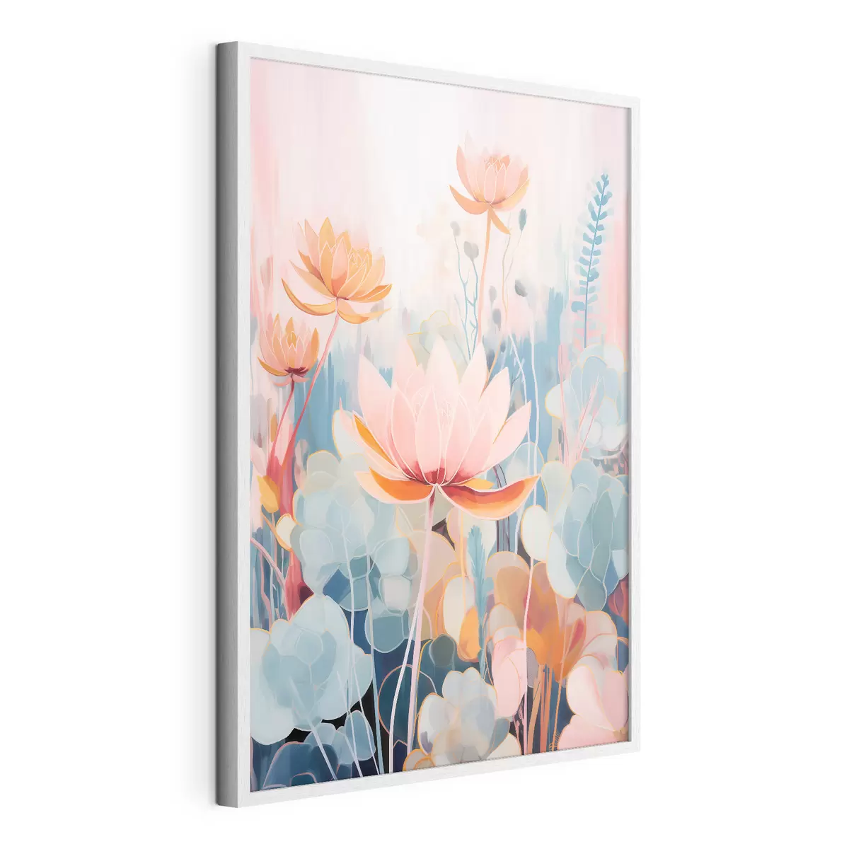 Poster Lotusblumen und dekoratives Laub in einer rosa-blauen Farbpalette f46929