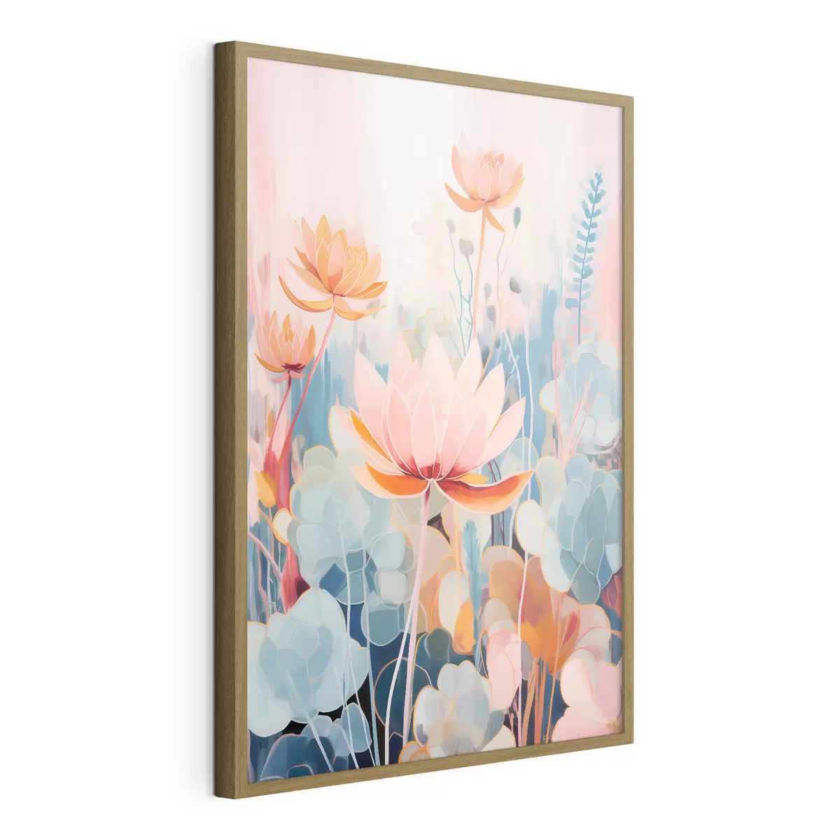 Poster Lotusblumen und dekoratives Laub in einer rosa-blauen Farbpalette f46929