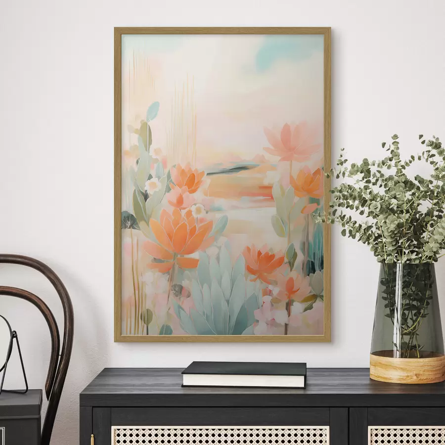 Fototapete Blumenlandschaft in Rosa- und Blautönen in einem zeitgenössischen Malstil f46931