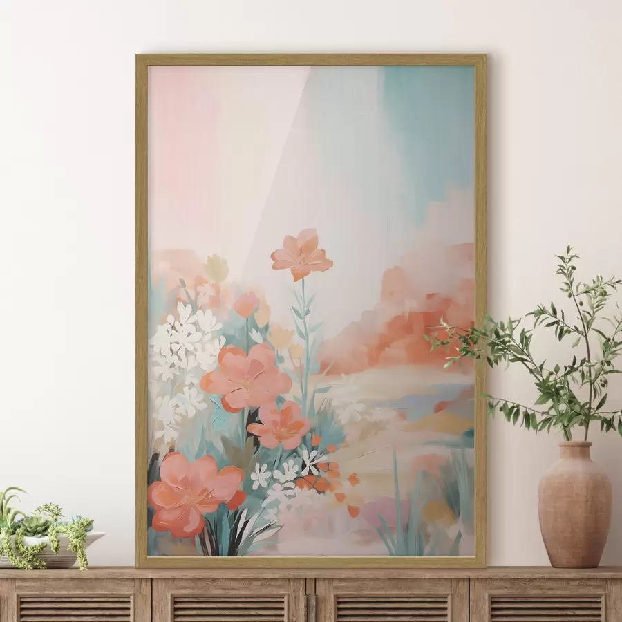 Fototapete Abstrakte Blumenlandschaft in Rosa- und Blautönen f46932