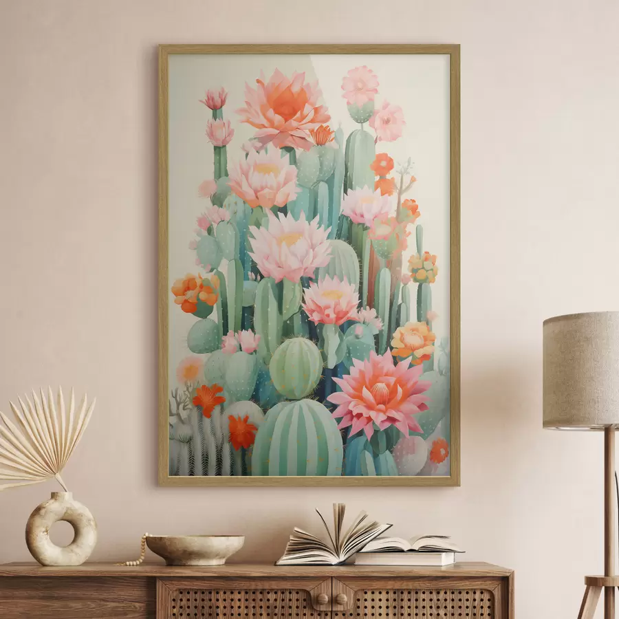 Fototapete Blühende Kakteen mit rosa und orangefarbenen Blüten im Illustrationsstil f46934