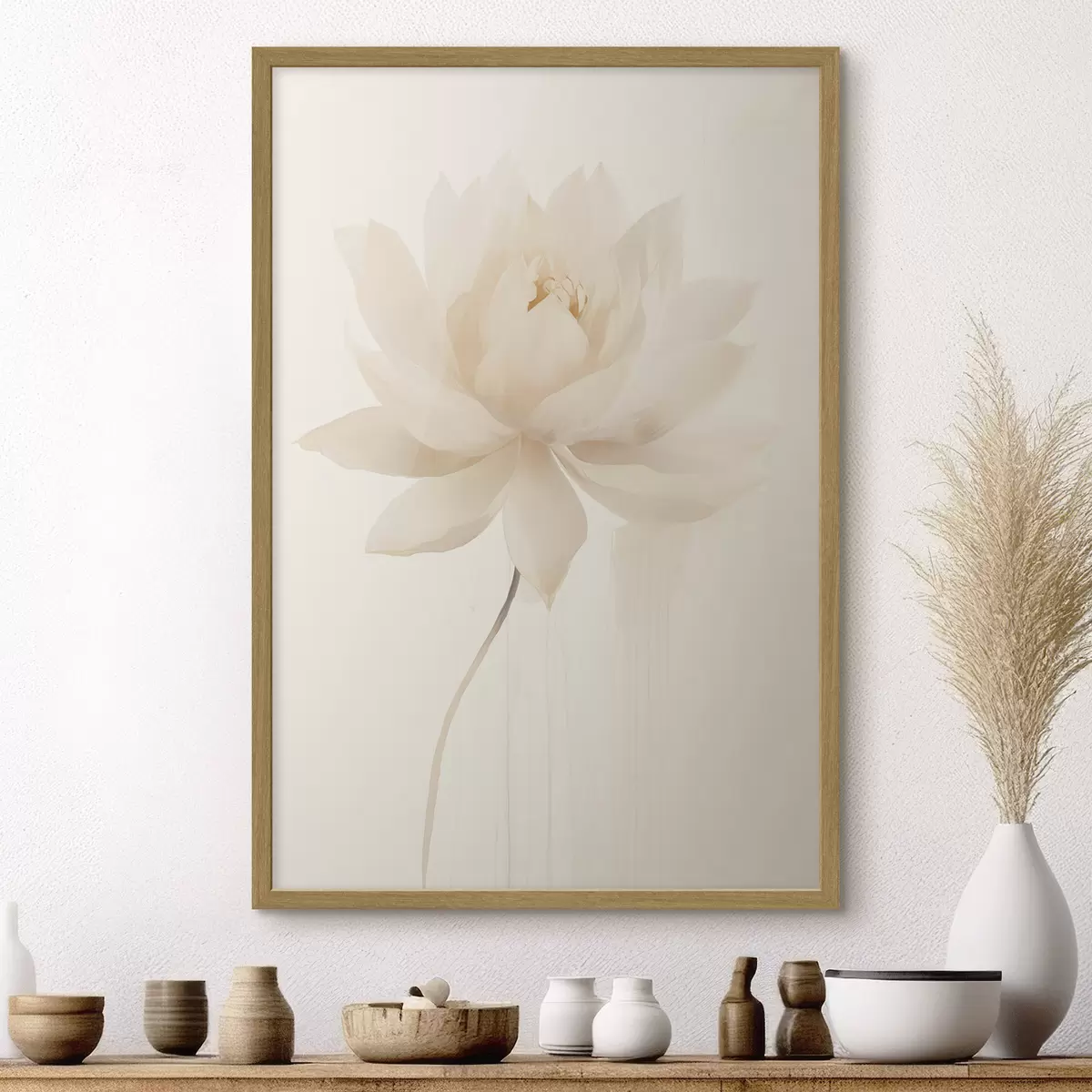 Poster Zarte weiße Lotusblume auf hellem Hintergrund im minimalistischen Stil f46936