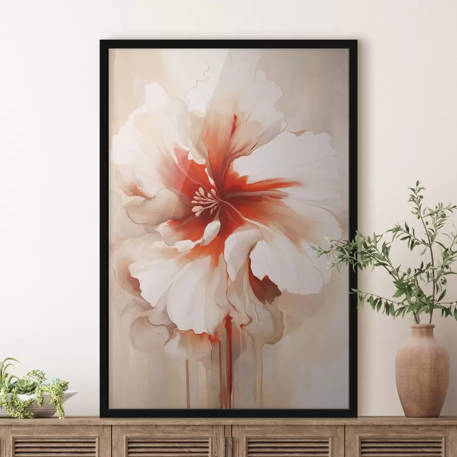 Fototapete Nahaufnahme einer weiß-roten Blume mit halbtransparenten Blütenblättern und fließenden Farbtropfen f46941