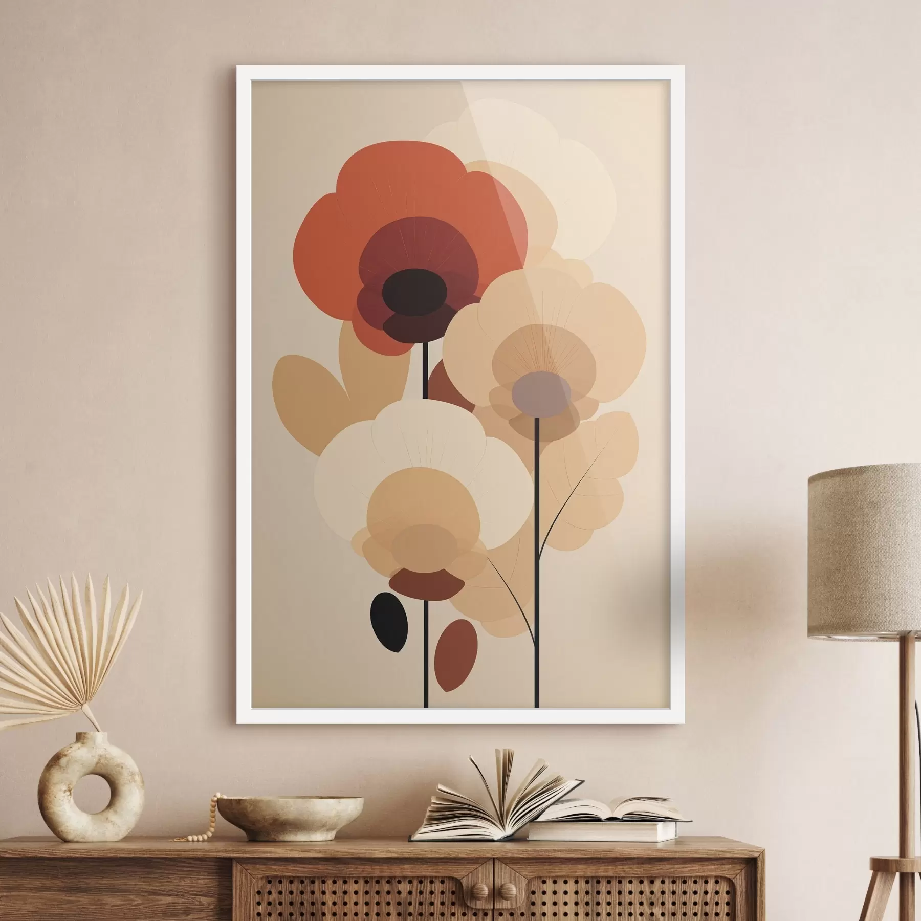 Fototapete Abstrakte Blumen in einer warmen Beigetönung im minimalistischen Stil f46942