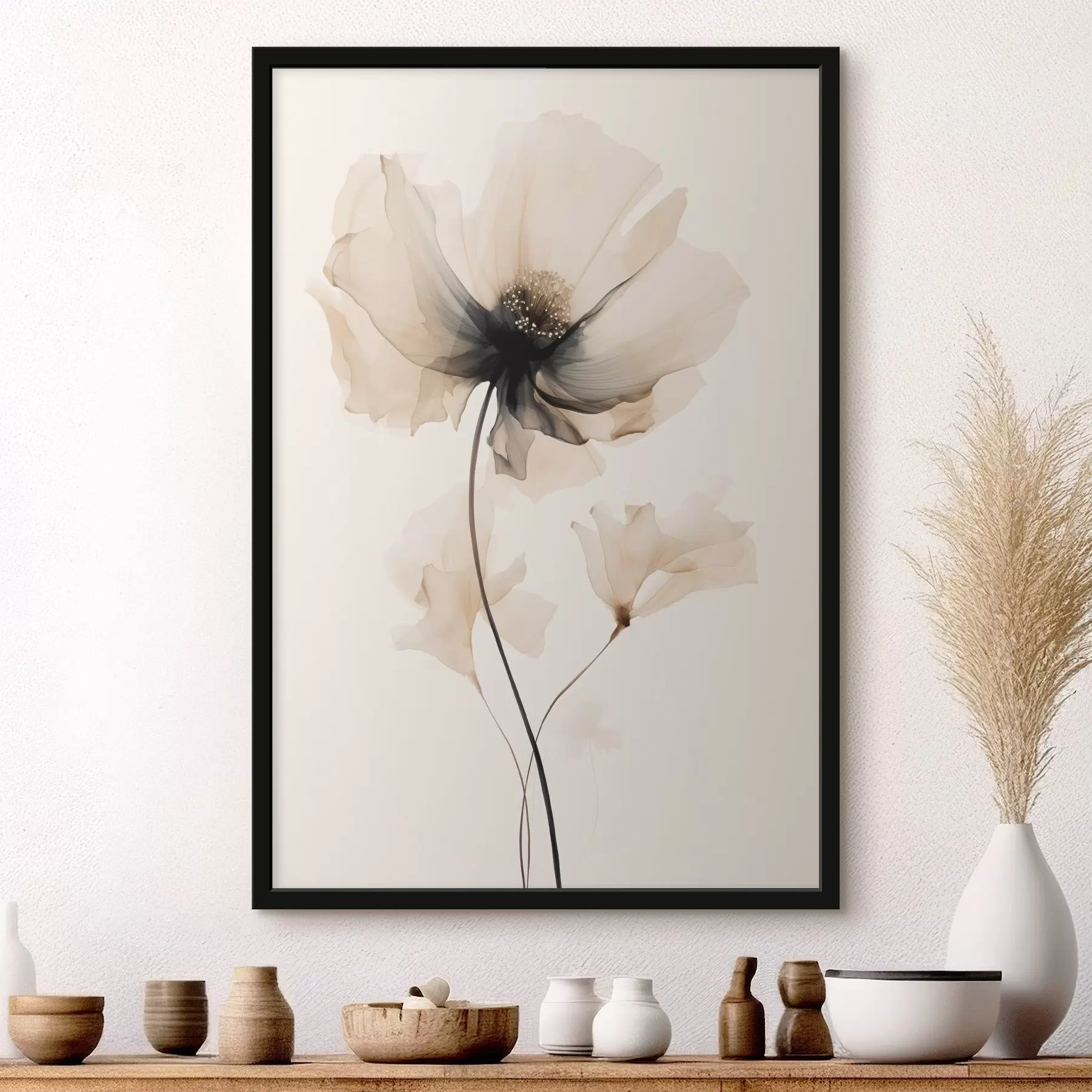Fototapete Zarte, halbtransparente Blume mit dunkler Mitte im minimalistischen Stil f46944
